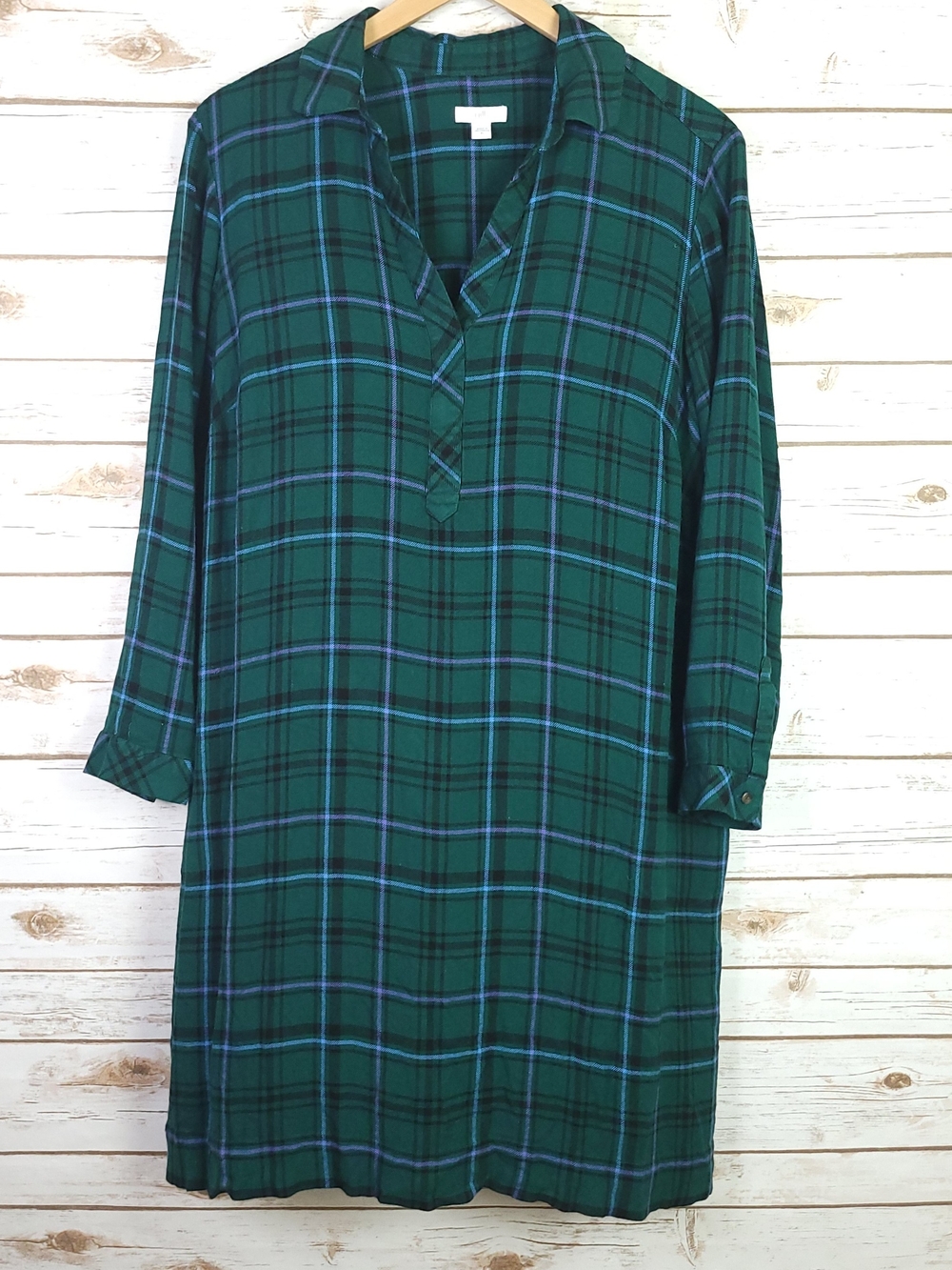 J. Jill Shirt Dress Size Large Green Plaid Long Sleeve Pockets Pullover